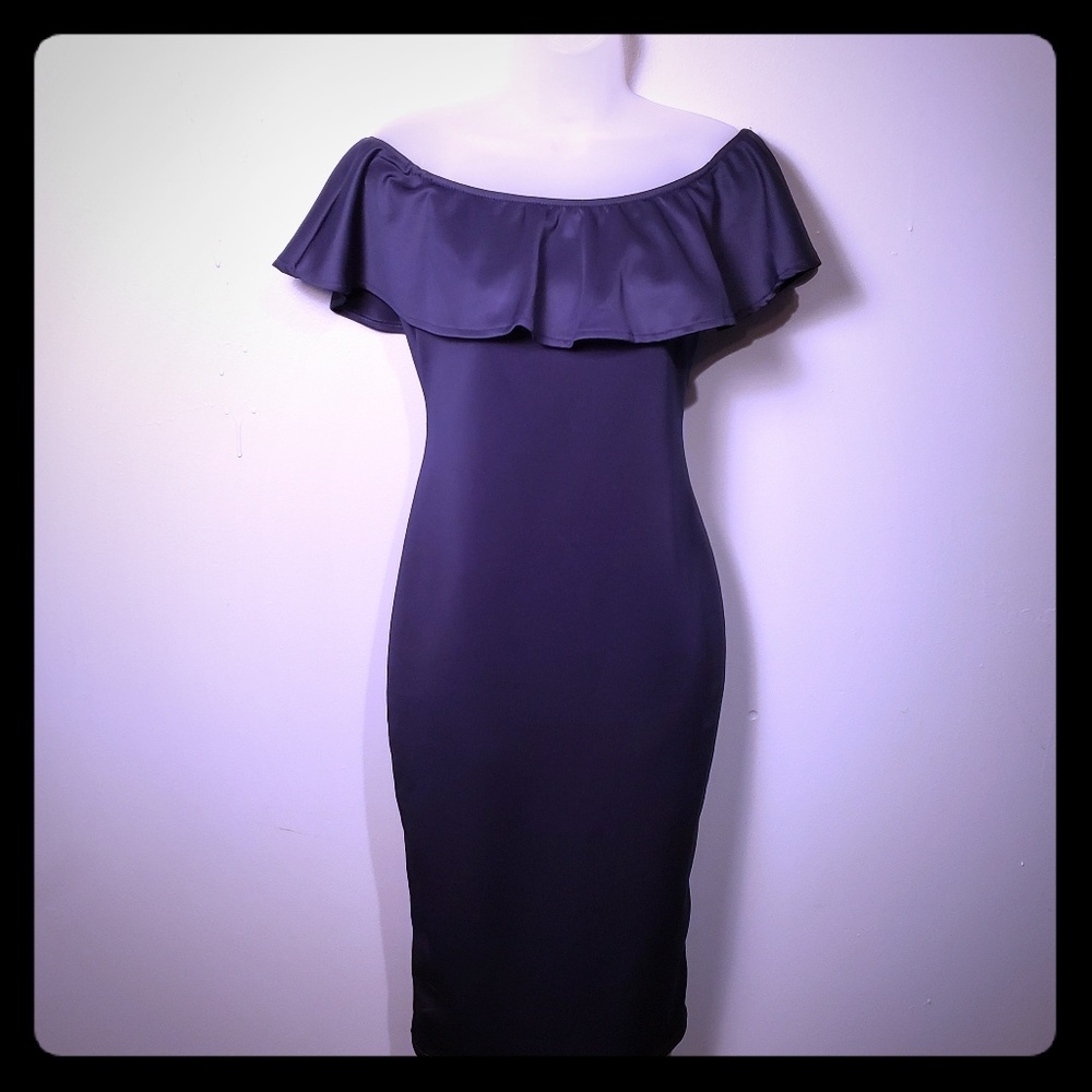 Navy blue. Off the shoulder ruffle bodycon dress